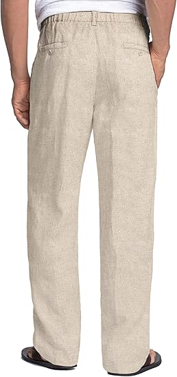 Men's Linen Pants Casual Beach Summer Pant Elastic Waist Drawstring Lightweight Trousers
