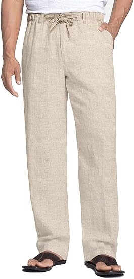 Men's Linen Pants Casual Beach Summer Pant Elastic Waist Drawstring Lightweight Trousers